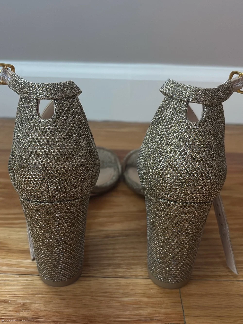Stuart Weitzman Gold Glitter Strappy Block Heel Sandals